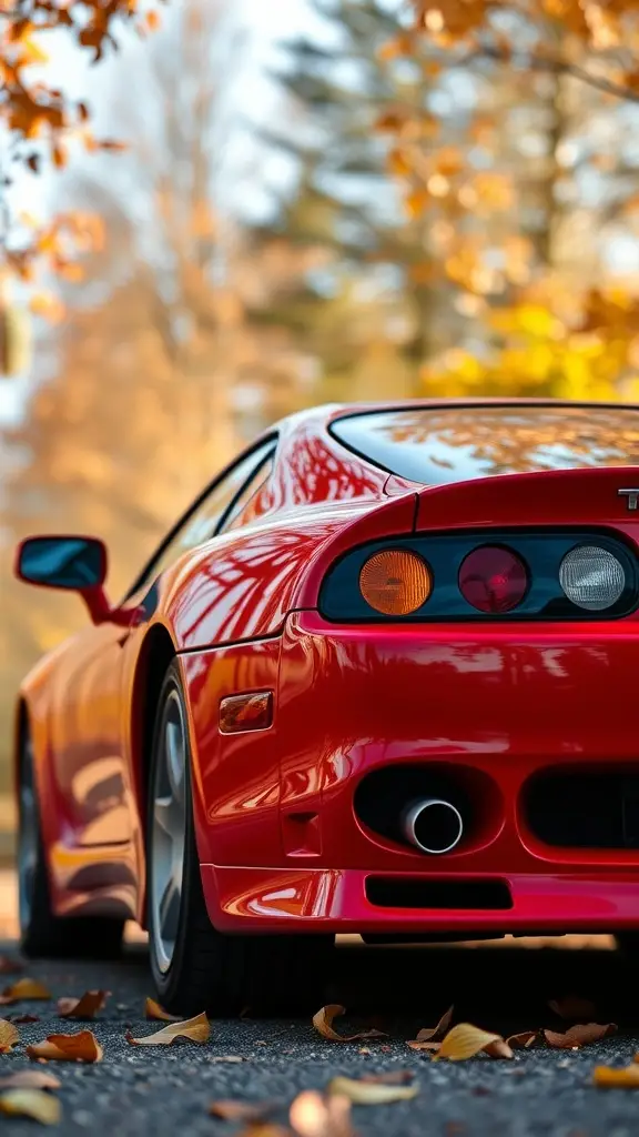 A red Toyota Supra parked amidst colorful autumn foliage.