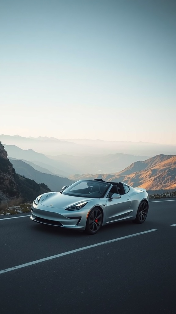 A silver Tesla Roadster parked on a mountain pass with scenic views
