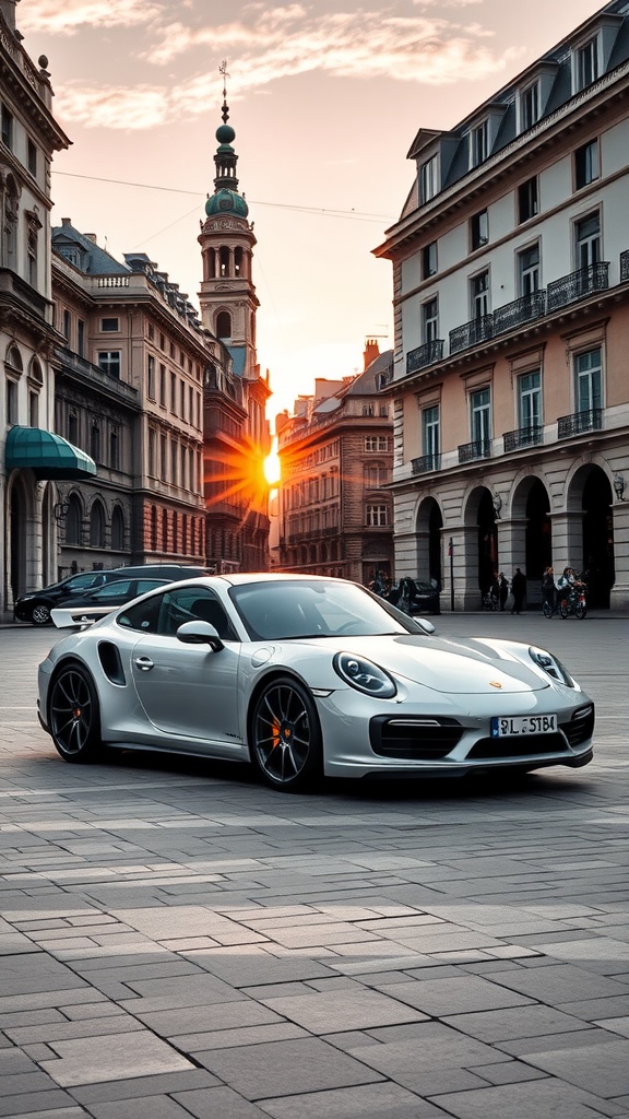 Classic silver Porsche 911 Turbo S parked in a charming city with elegant architecture.