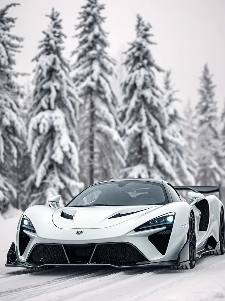 Classic white Hennessy Venom F5 parked in a snowy landscape with trees in the background.