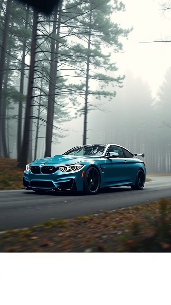 Cobalt blue BMW M4 driving through a misty forest.
