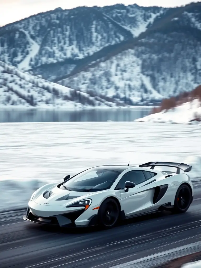 A white McLaren driving on a snow-covered road with mountains in the background.