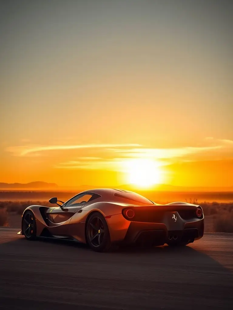 A Copper LaFerrari parked on a desert road during sunset.