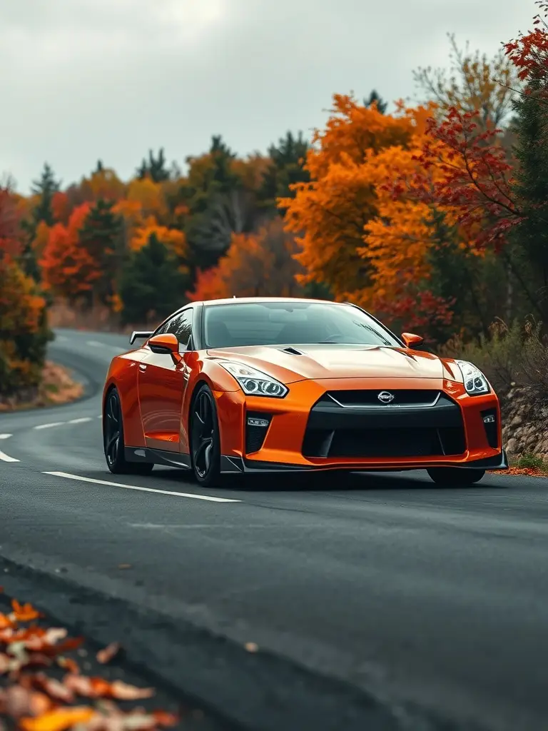 Nissan GTR in copper orange on an autumn road surrounded by colorful trees