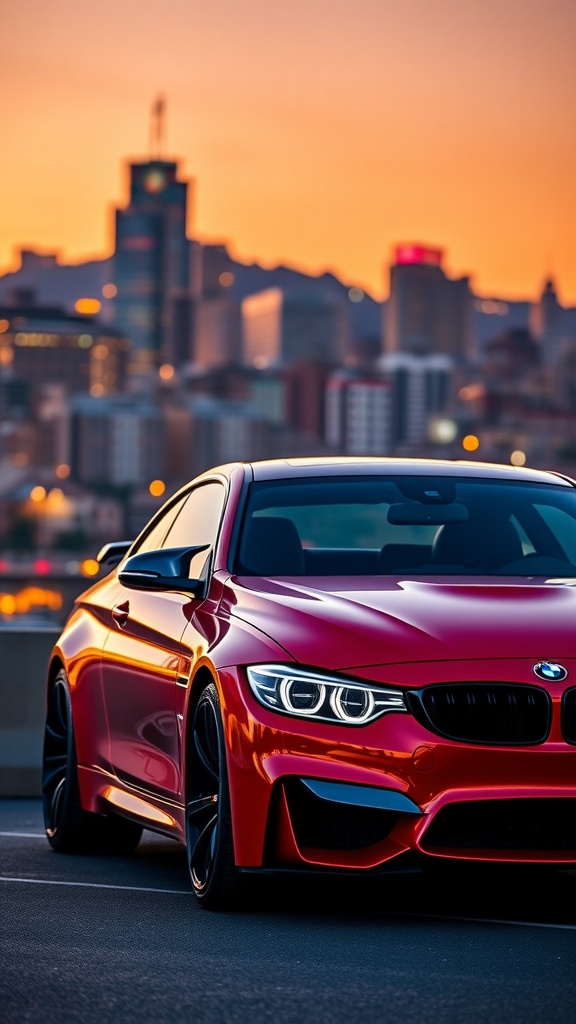 Crimson BMW M4 parked with a city skyline in the background at sunset.