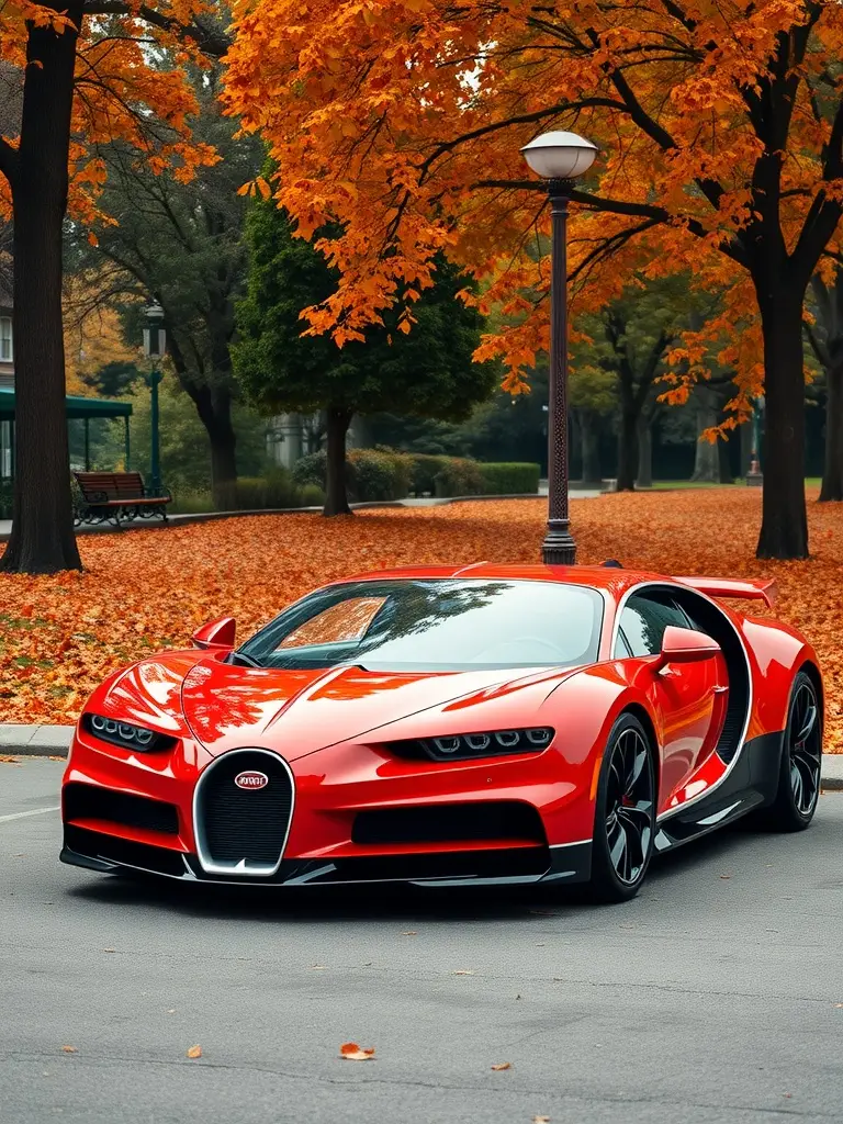 A shiny crimson red Bugatti Chiron parked amidst vibrant autumn foliage.