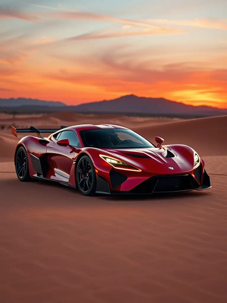 Crimson Red Hennessy Venom F5 parked on desert dunes during sunset