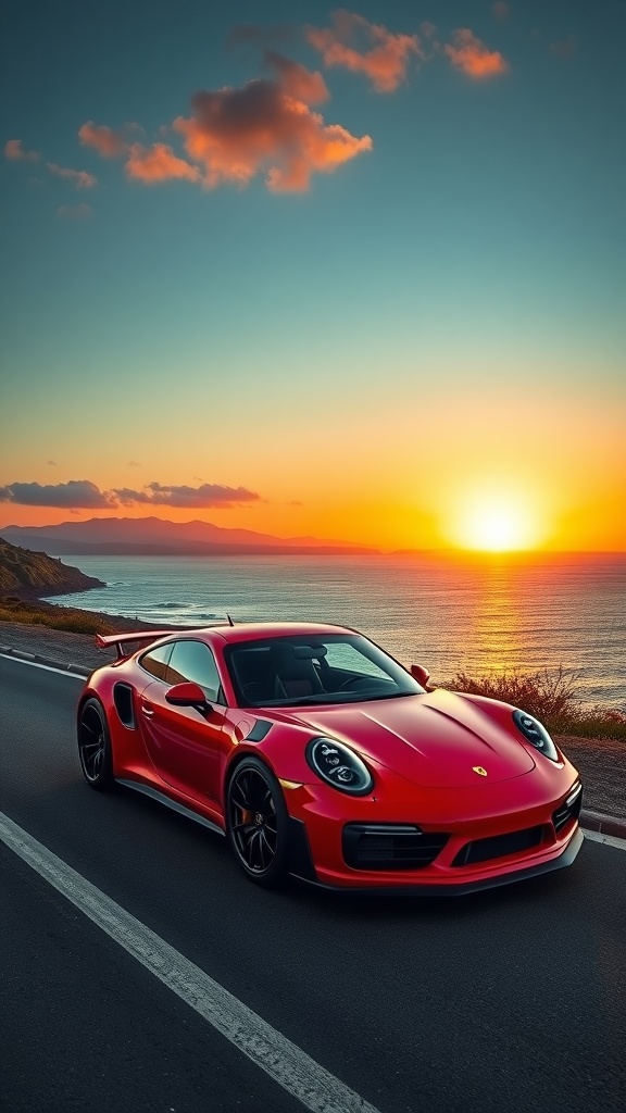 A Crimson Red Porsche 911 Turbo S parked on a coastal road with cliffs and ocean waves in the background.