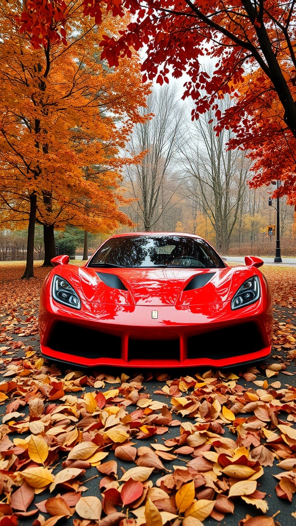 A Crimson Red Zenvo TSR-S parked among colorful autumn leaves.