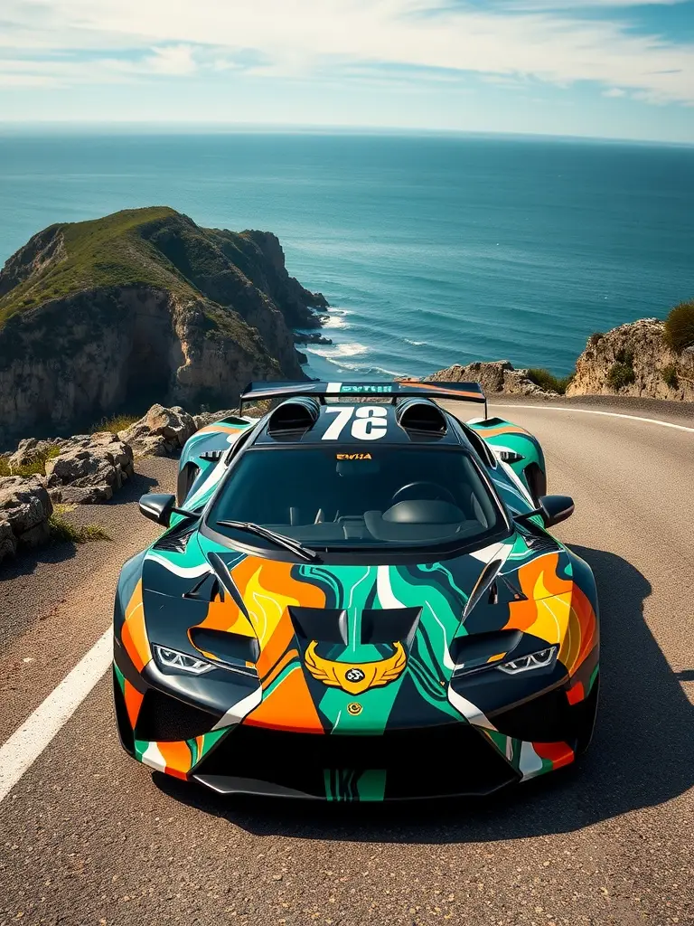 Lotus Evija with a custom green and red graphic design parked on a scenic road.