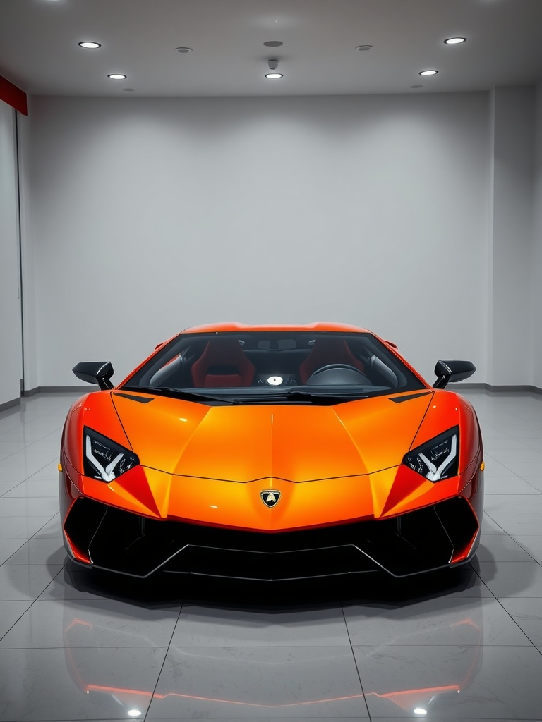 A Lamborghini Aventador in a dazzling metallic orange finish, showcasing its sleek design and aggressive stance.