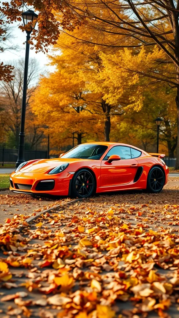 Deep orange Porsche Cayman parked amidst vibrant autumn leaves