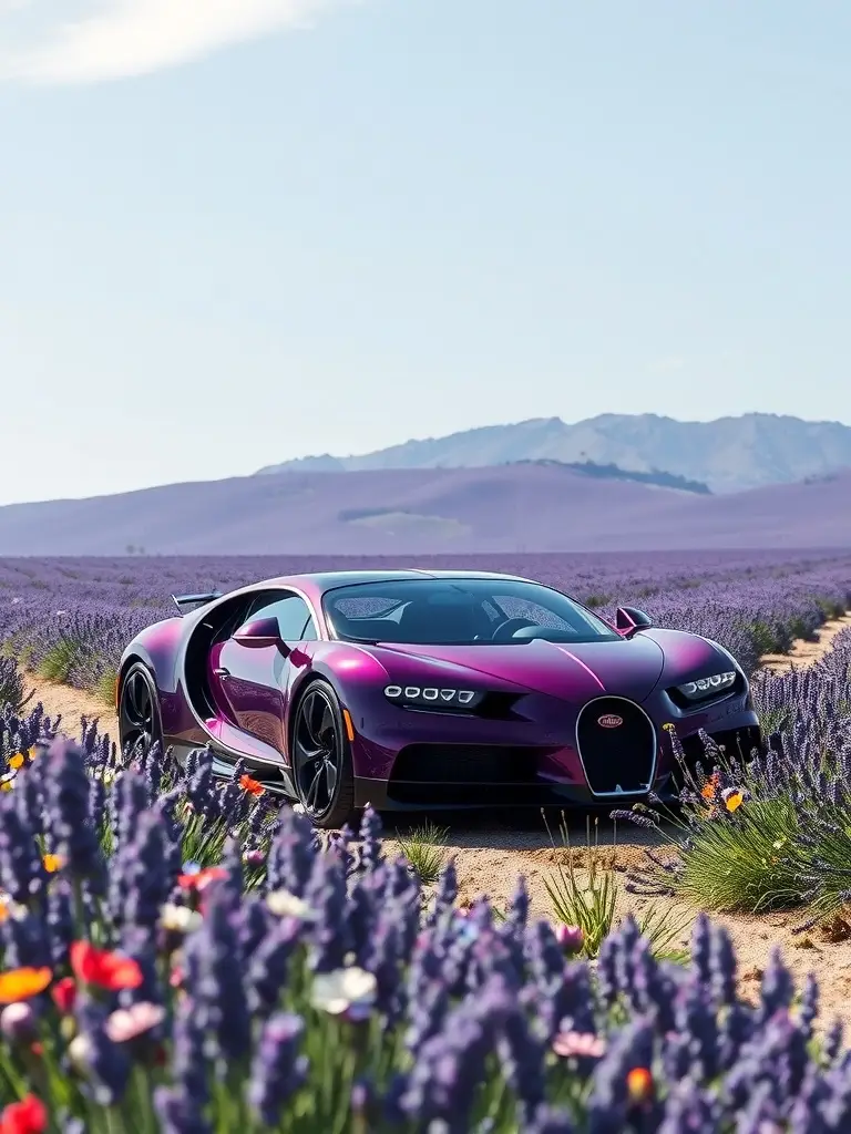 Deep purple Bugatti Chiron in lavender fields