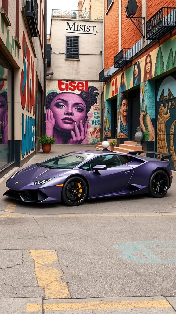 Deep purple Lamborghini parked in an alley adorned with colorful murals