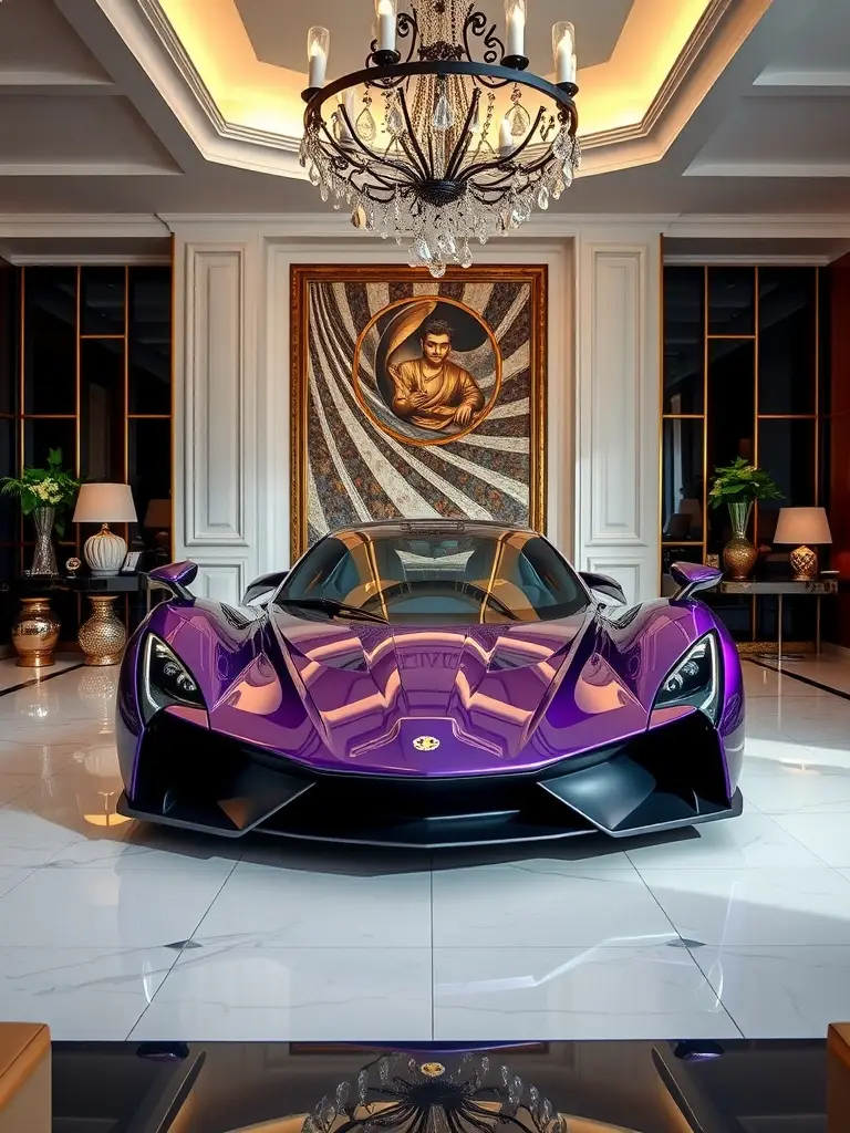 Lotus Evija in deep purple parked indoors with luxurious decor
