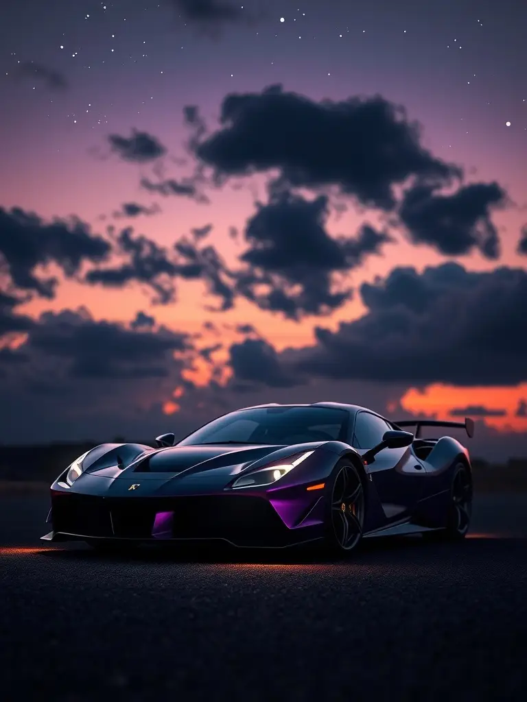 A deep purple Ferrari SF90 parked against a twilight sky filled with clouds and stars.