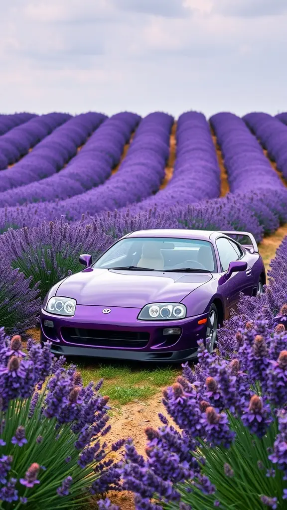 Toyota Supra MK1 in a field of lavender flowers.