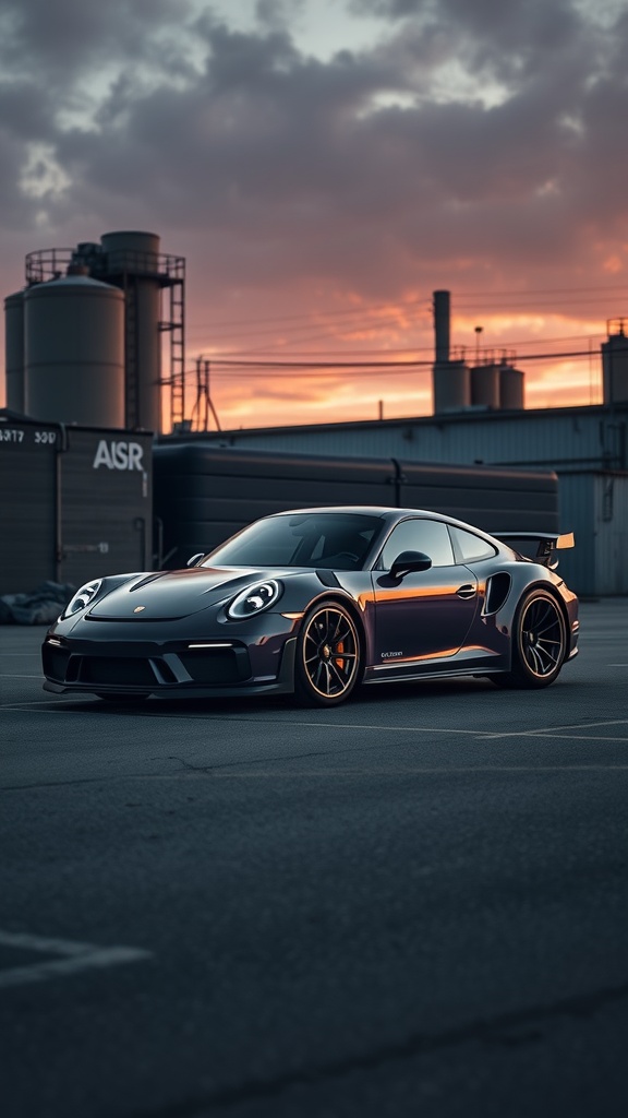 A deep purple Porsche 911 Turbo S parked near an industrial complex at sunset.