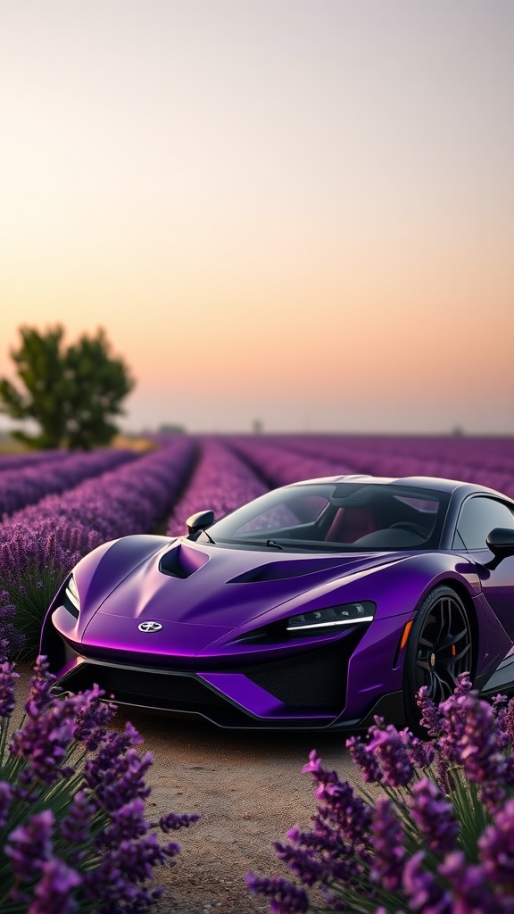 Deep purple Zenvo TSR-S car parked in lavender fields during sunset.