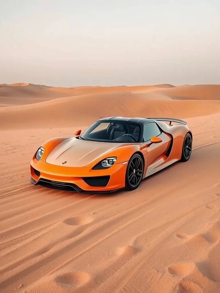 Porsche 918 Spyder parked on desert sand dunes in warm orange paint.