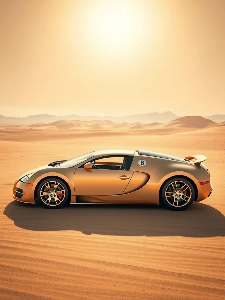 A Bugatti Veyron Super Sport parked in the desert, showcasing its sleek design and colors that match the sandy environment.