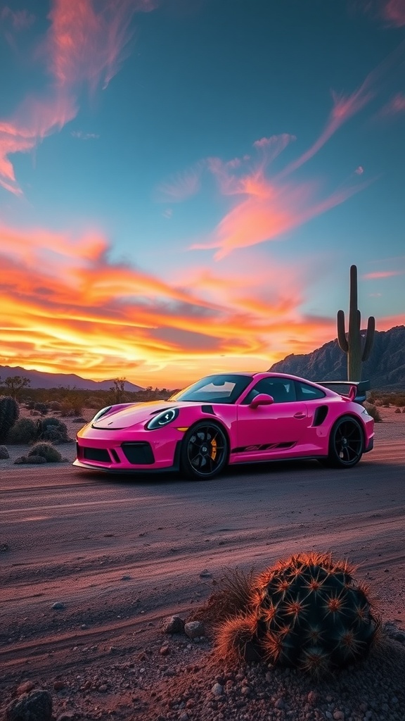 A pink Porsche 911 GT3 RS parked in a desert with a colorful sunset and cacti in the background.