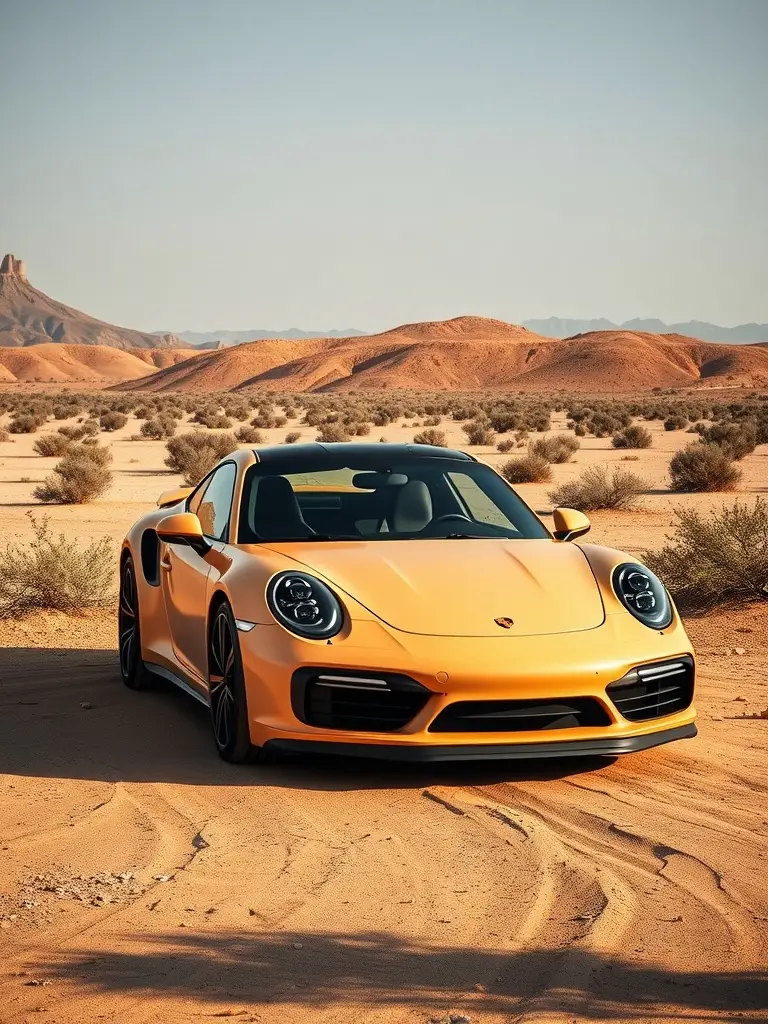 A Porsche 911 Turbo S with a desert sand matte paint job parked in a sandy desert landscape.