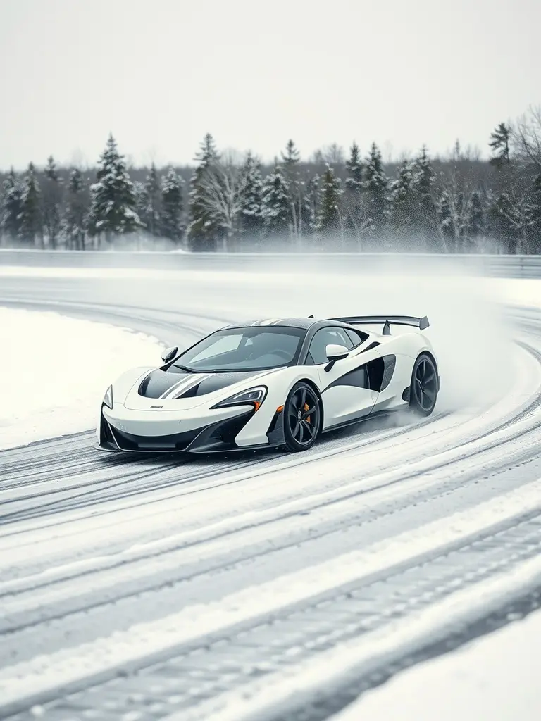 A white McLaren sports car driving on a snowy road
