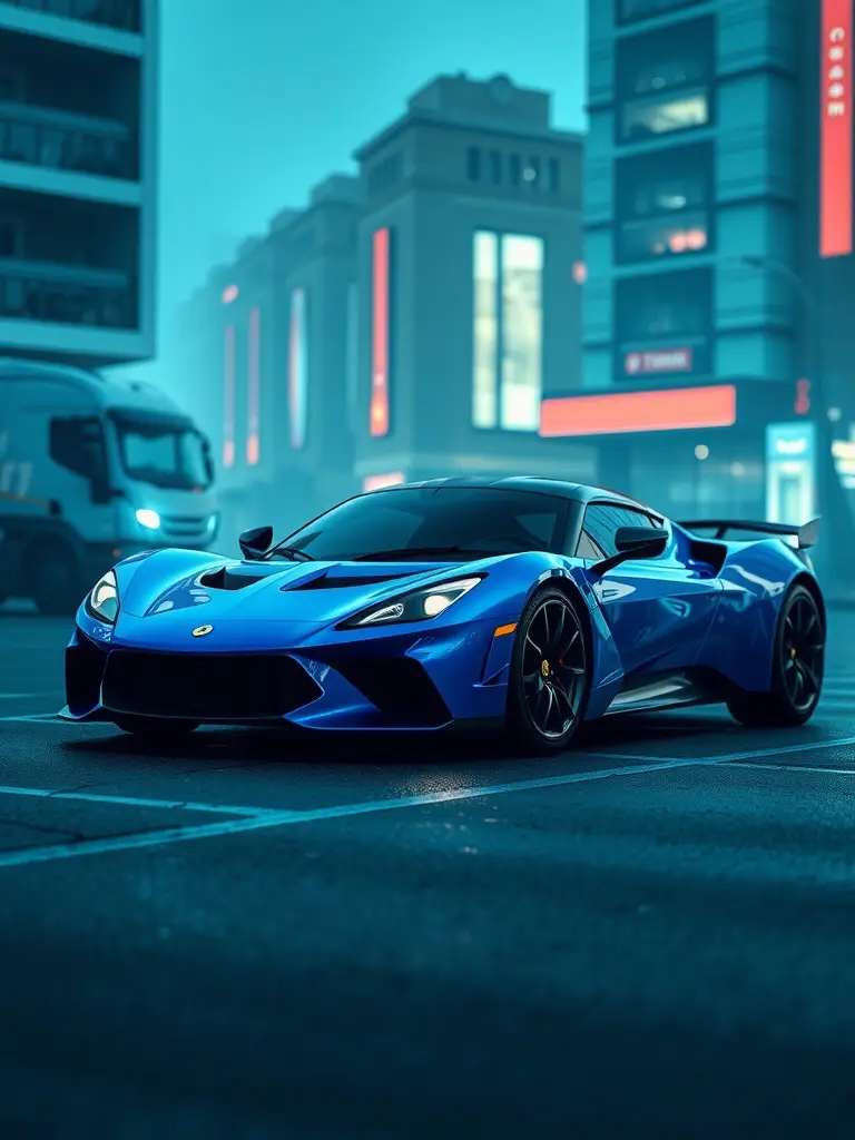 Lotus Evija in electric blue parked in a city setting.