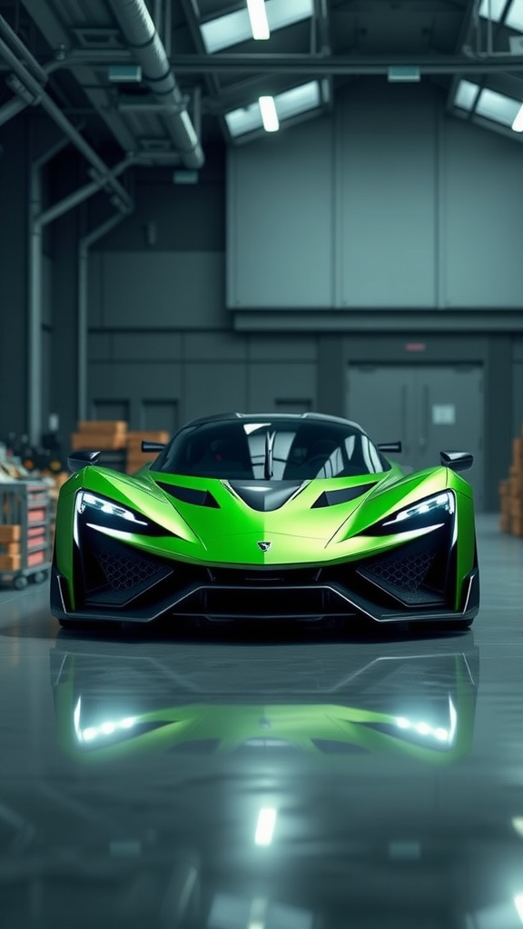 Electric Green Zenvo TSR-S in a futuristic environment with industrial elements