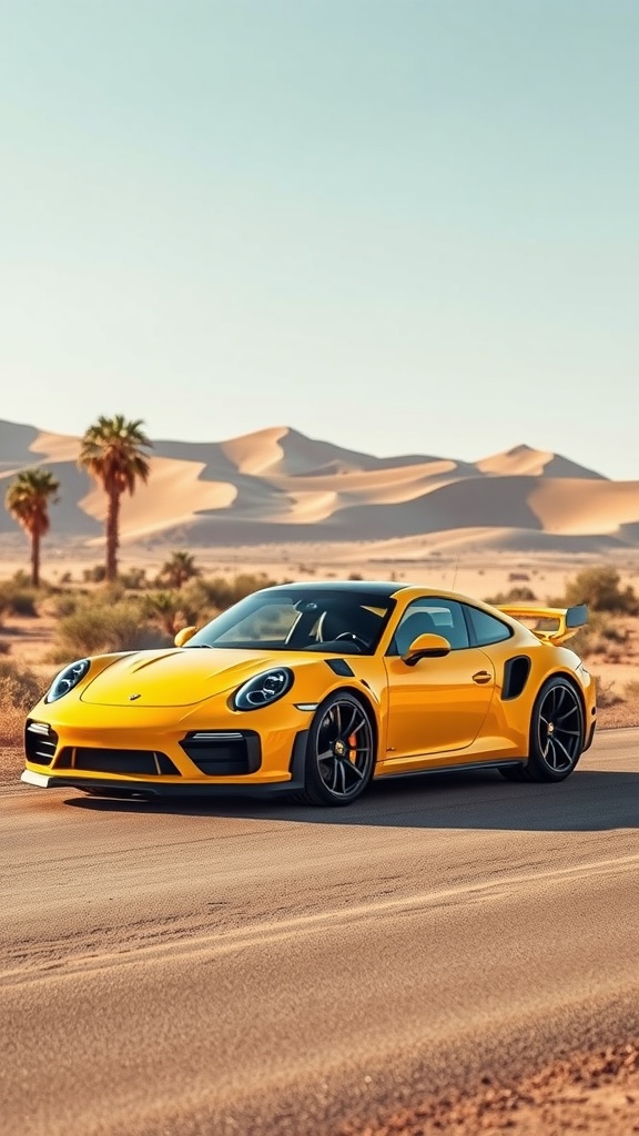Electric Yellow Porsche 911 Turbo S parked in a desert with palm trees in the background.
