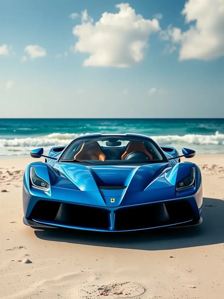 A blue LaFerrari parked on the beach with the ocean in the background.