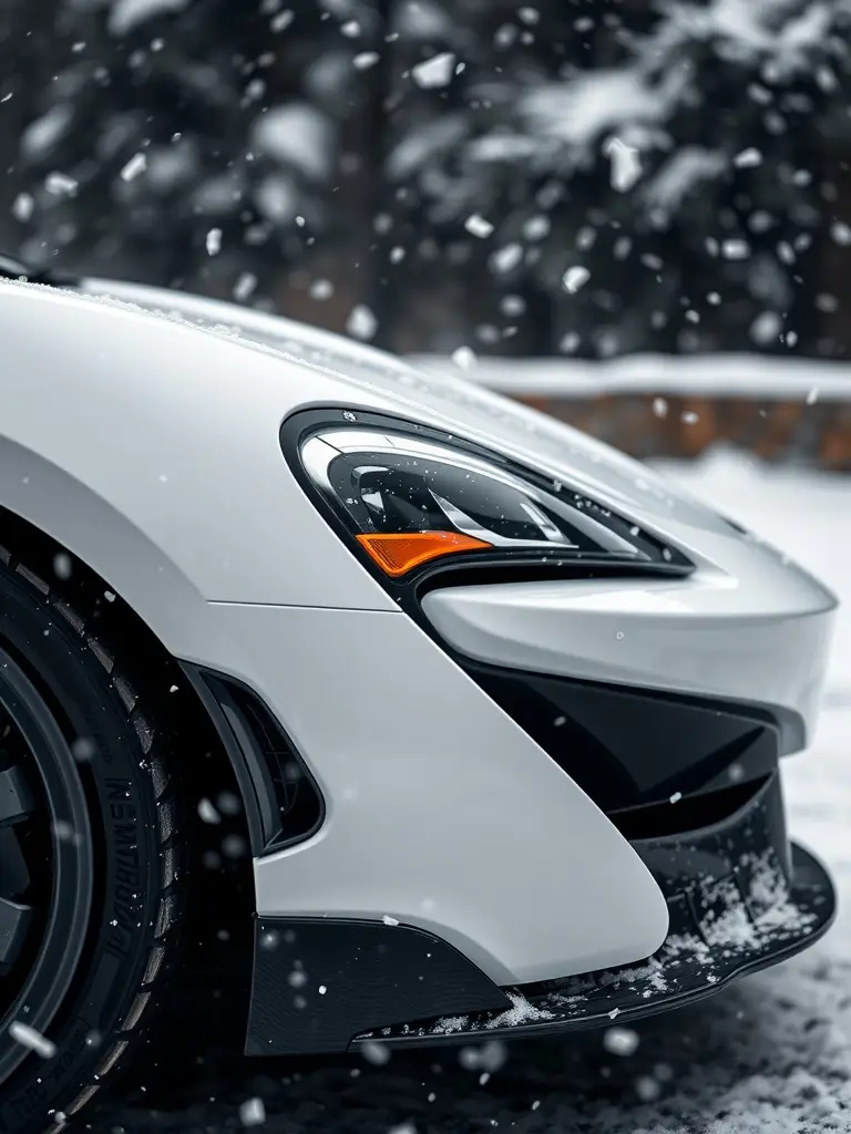 A white McLaren parked in the snow with trees in the background.