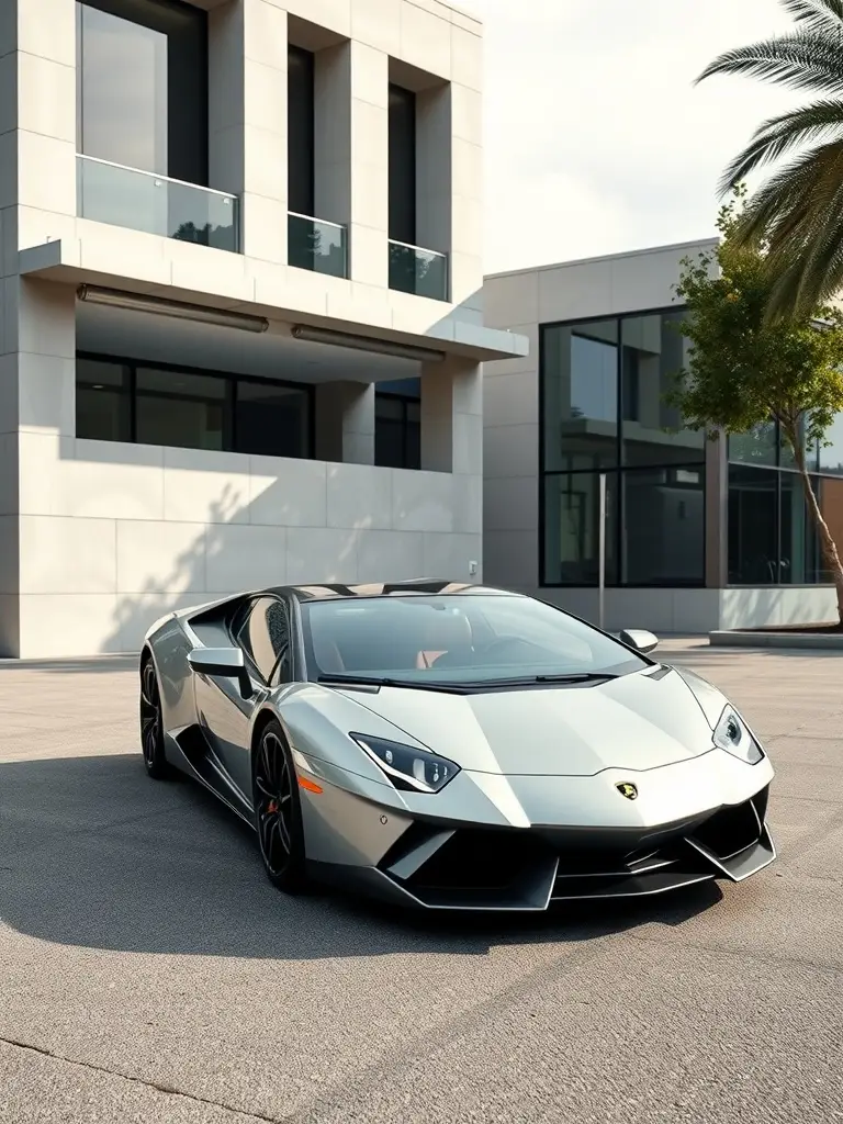 Lamborghini Aventador in metallic silver parked in front of a modern building.