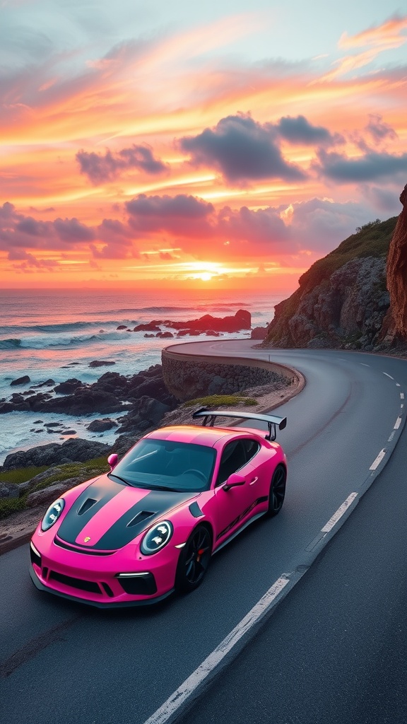 Pink Porsche 911 GT3 RS parked on a coastal road during sunset.