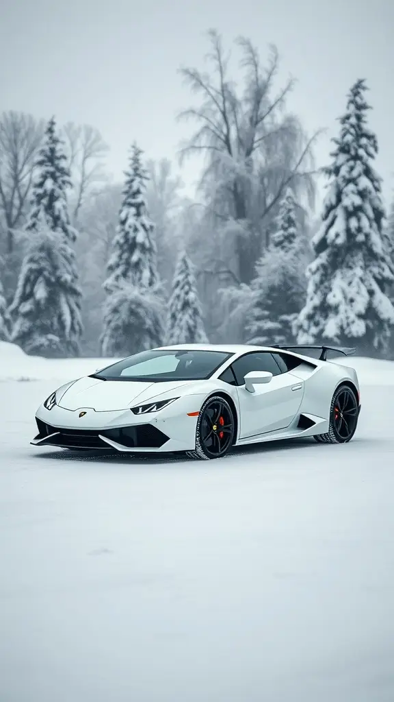 A white Lamborghini parked in a snowy landscape with tall trees in the background.
