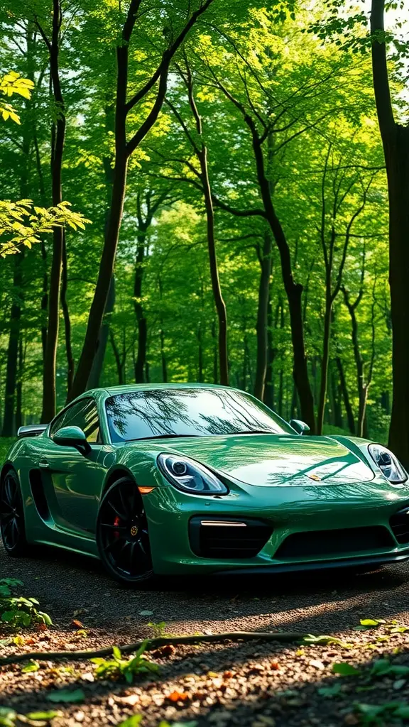 Emerald Green Porsche Cayman parked in a lush green forest