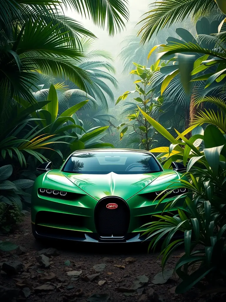 Emerald Green Bugatti Chiron in a tropical jungle setting.