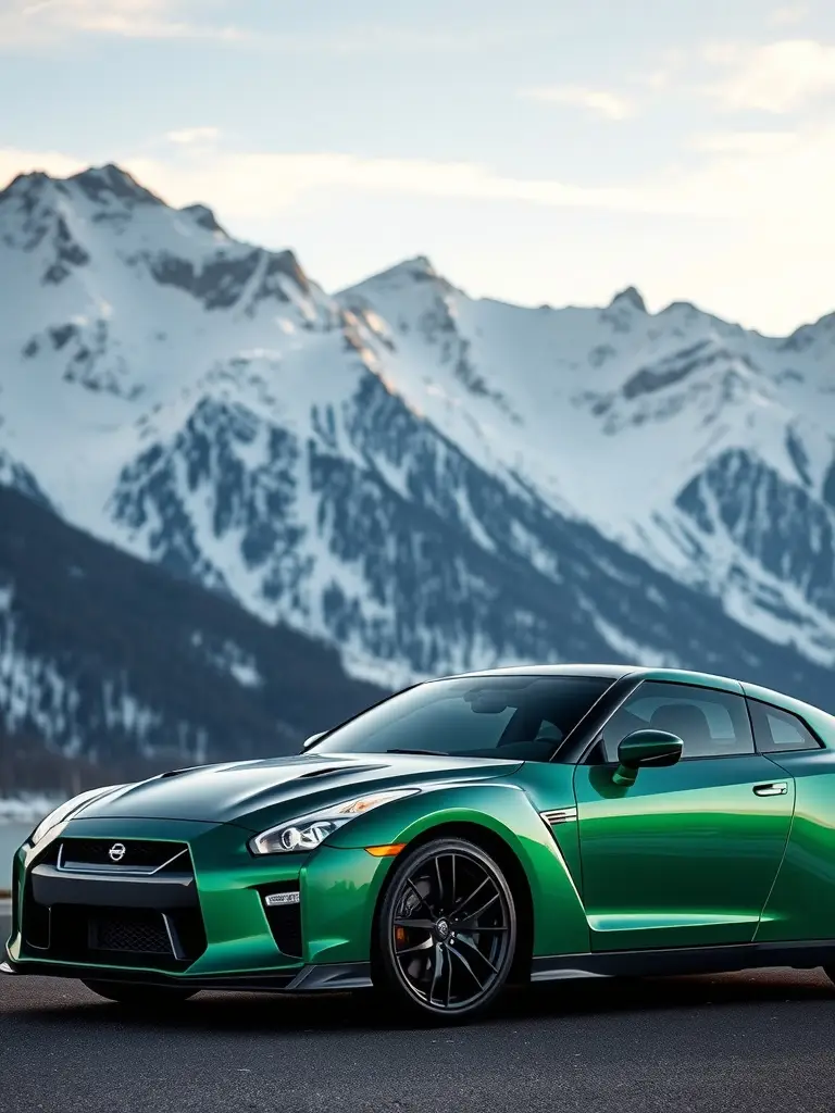 Emerald green Nissan GTR parked in a picturesque mountain landscape.