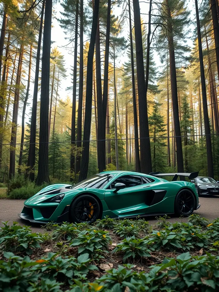 Emerald Green Hennessy Venom F5 parked in a dense forest with tall trees and green plants.