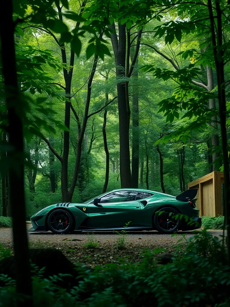 Ferrari SF90 in emerald green parked in a lush green forest