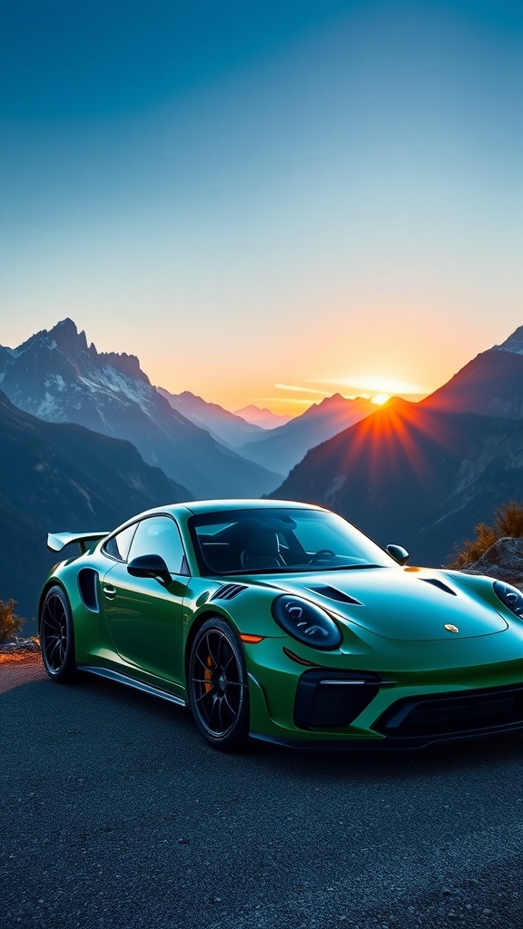 Emerald green Porsche 911 Turbo S parked in a mountain landscape