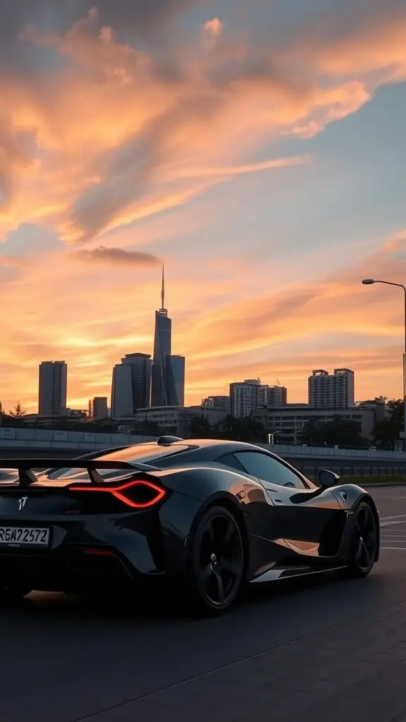 Rimac Nevera driving in a futuristic city with traffic lights and tall buildings.