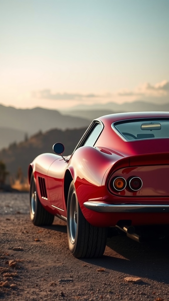 A classic Ferrari 250 GTO parked against a scenic backdrop.