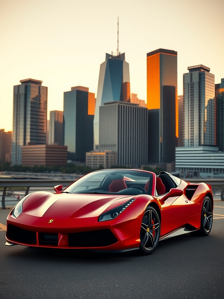 Ferrari 458 Spider parked in front of a sunlit city skyline