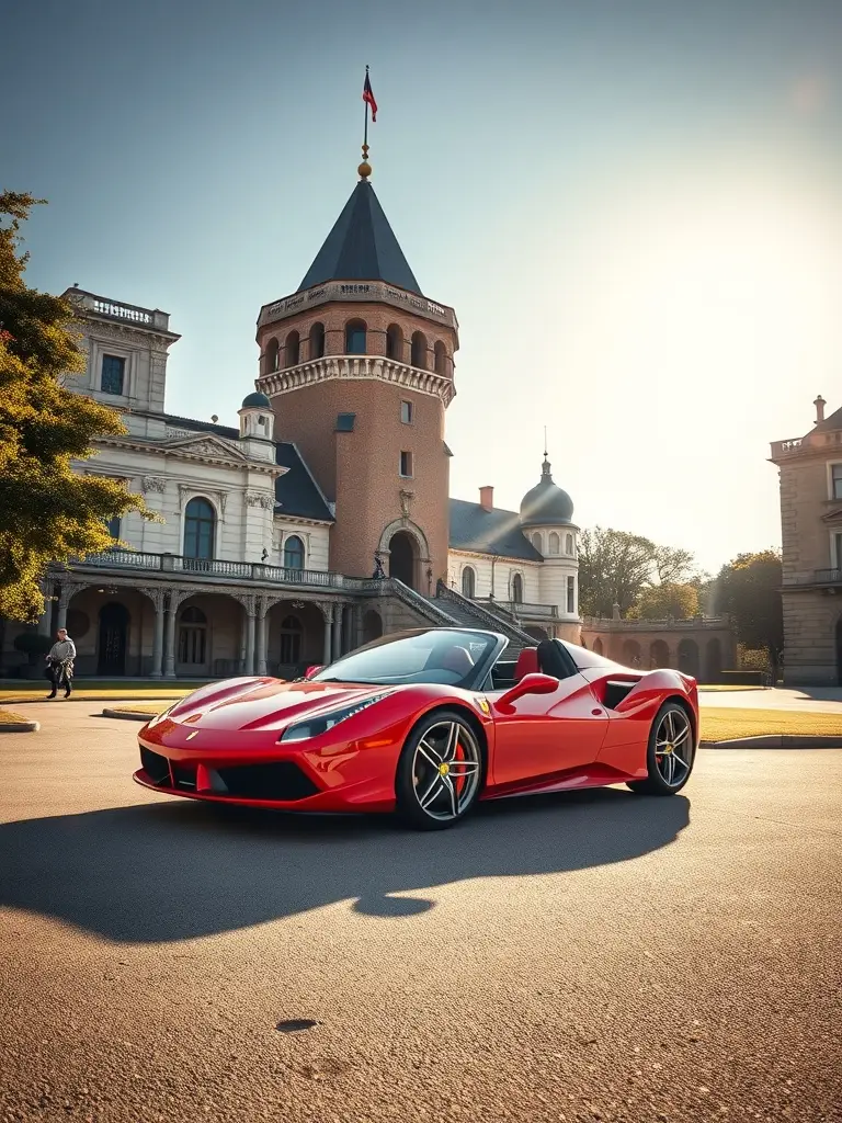 A Ferrari 458 Spider parked in front of a historic building under a clear sky.