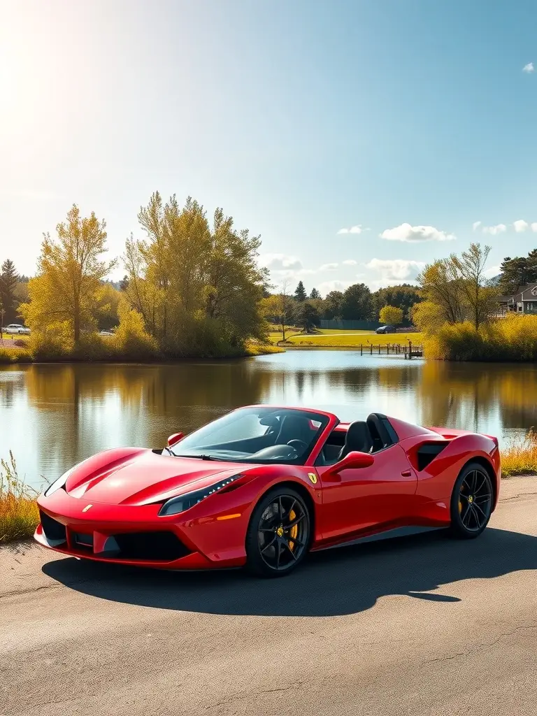 A red Ferrari 458 Spider parked by a scenic lake under a clear blue sky.