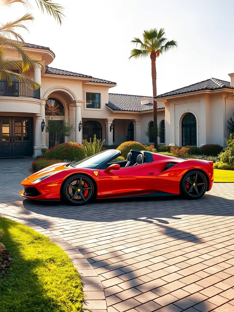 Ferrari 458 Spider parked in a sunny luxurious driveway with a beautiful home and palm trees.