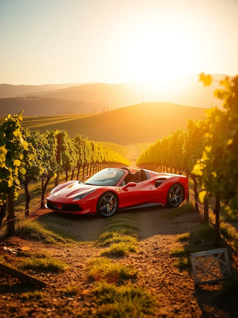 Ferrari 458 Spider parked in a vineyard during sunset