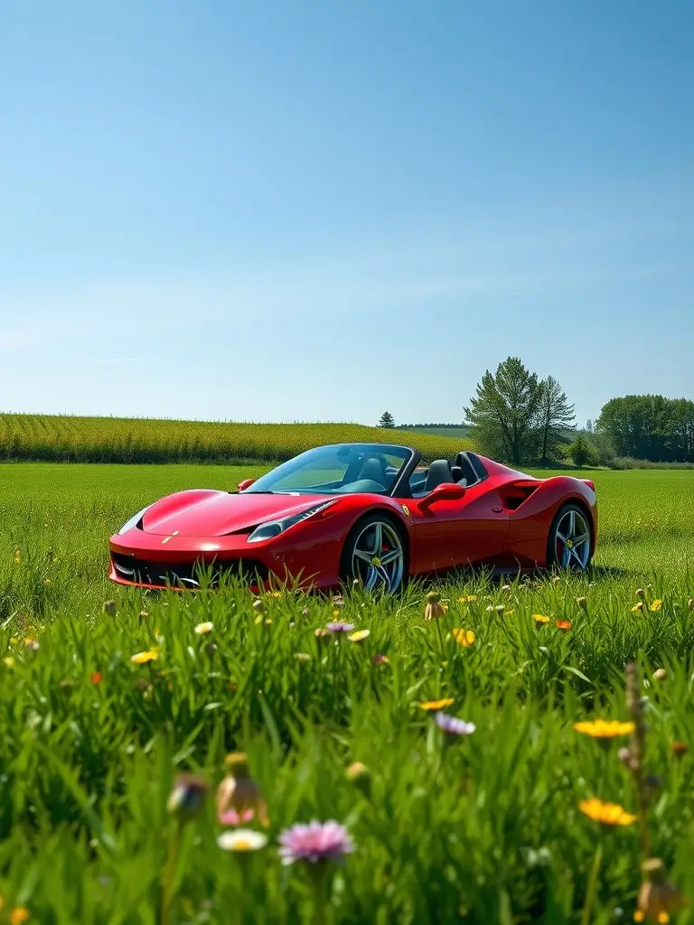 Ferrari 458 Spider parked in a sunny open field with flowers and greenery.